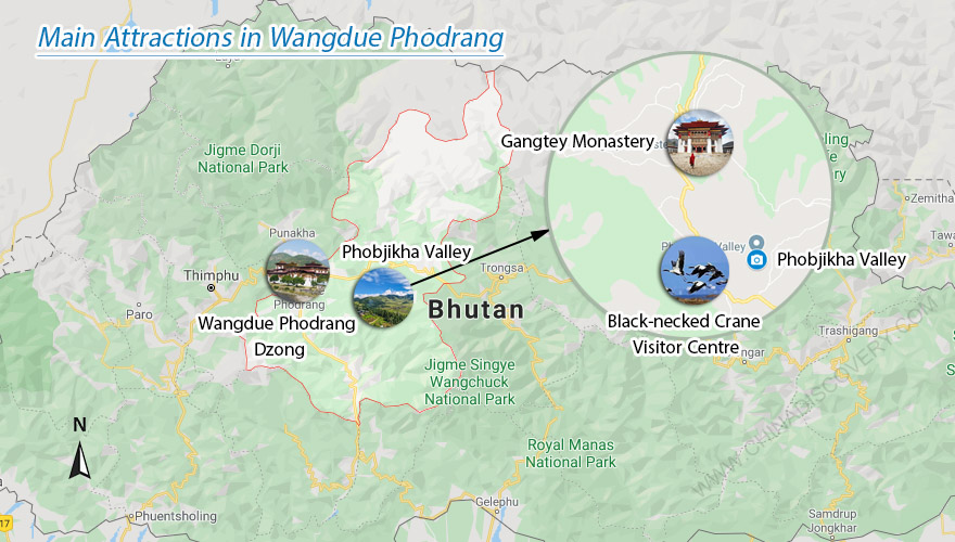 Wangdue Phodrang Attractions Map